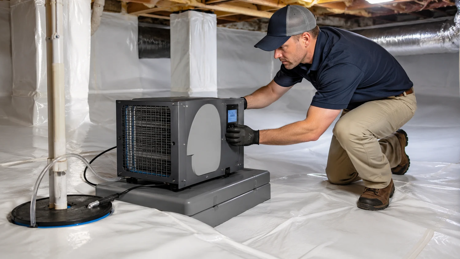 Technician inspecting crawl space dehumidifier and moisture control equipment