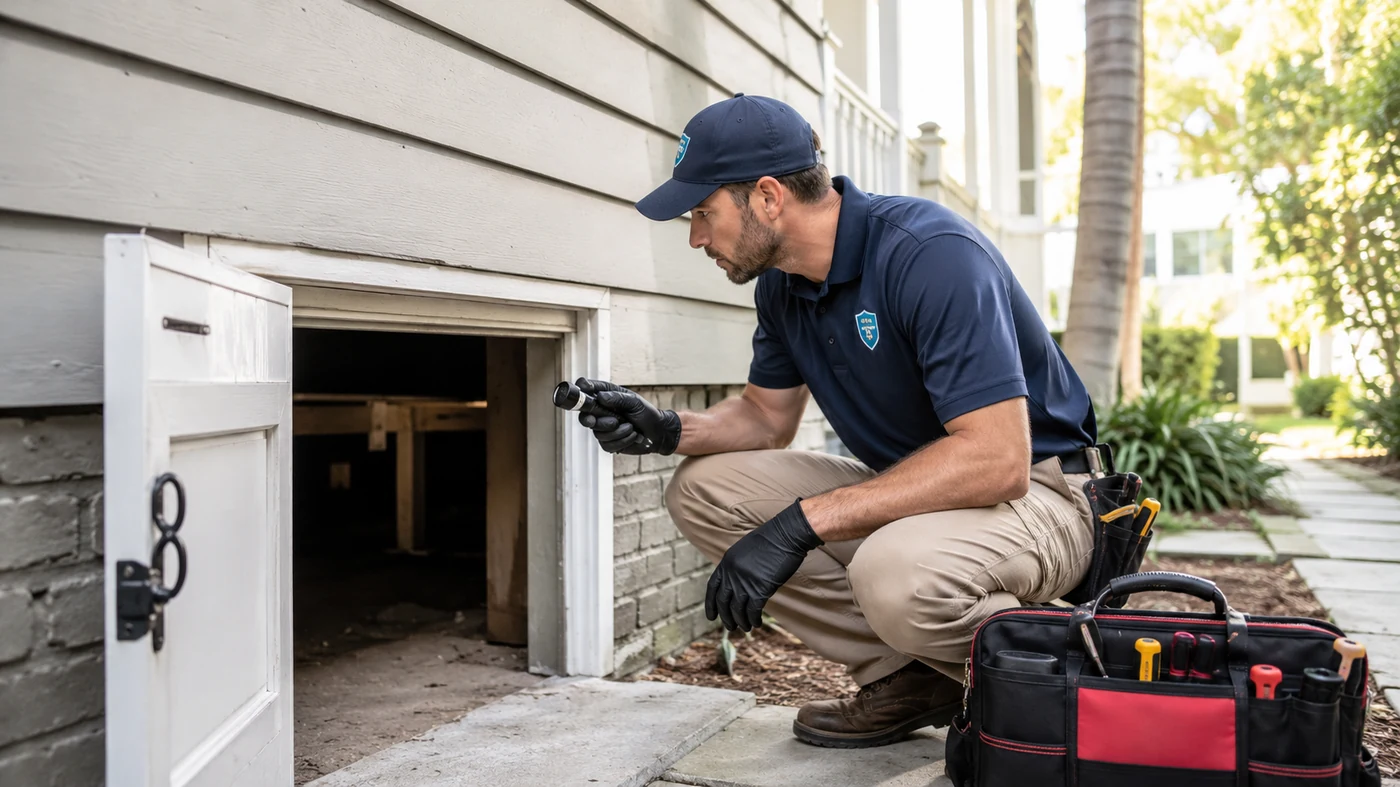 Crawl space repair specialist inspecting moisture-prone access area