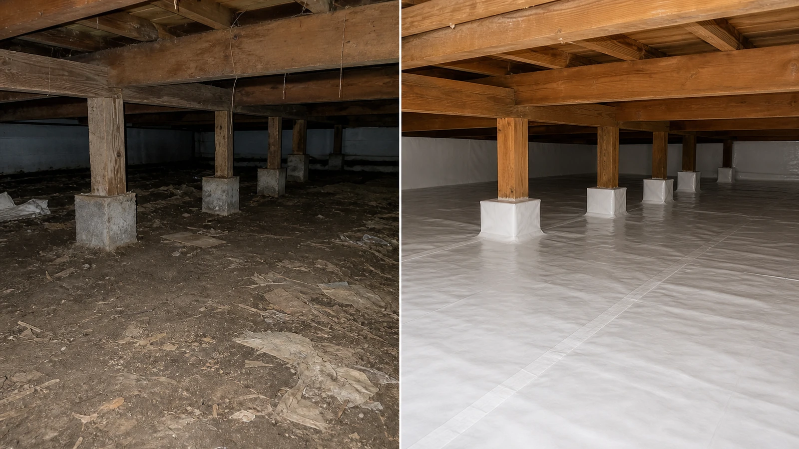 Before and after vapor barrier installation comparison